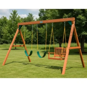 A classic cedar playground swing set with two belt swings and a glider, ideal for multiple children.