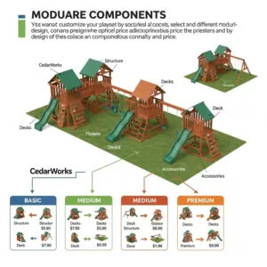 Diagram of CedarWorks playset modular components, explaining how customization impacts CedarWorks playset prices.