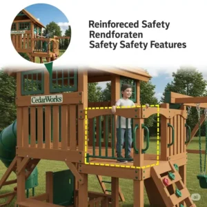 "An illustration showcasing a safety feature of a CedarWorks playset, such as rounded edges or secure railings, a key point in many CedarWorks playset reviews."