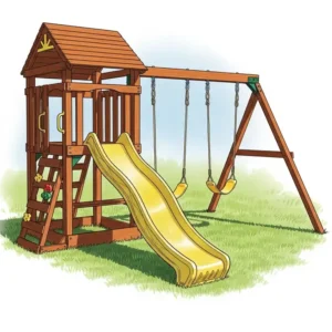 A detailed illustration of a compact wooden playset, highlighting its integrated slide, two swing positions, and sturdy wooden frame construction.