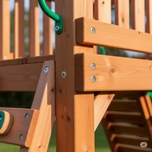 Close-up of premium, splinter-free cedar wood construction, highlighting the safety and durability of Eastern Jungle Gyms.