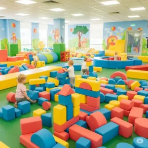 A vibrant soft play area in an indoor play gym for toddlers, featuring large foam blocks for toddlers to stack and explore.