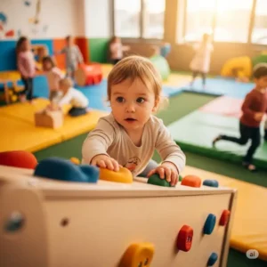 Close-up of a child scaling a low, indoor wooden playground climbing wall in a play area.