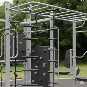 Detailed view of various ergonomic grip options and durable materials on a modern jungle gyms for adults, highlighting features for adult users.