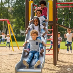 Happy children laughing as they go down a sturdy metal slide, part of a complete playground set.