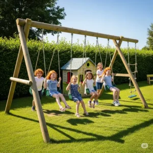 Happy children enjoying the swings on a durable wooden swing set with playhouse.