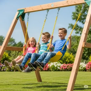 Happy children laughing and playing safely on a sturdy cedar swing set, emphasizing fun and security.