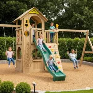 Children happily playing on a contemporary wooden playset, enjoying slides and swings in a safe outdoor environment.