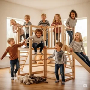 Happy children laughing and playing on a multi-functional wooden indoor jungle gym, encouraging imaginative play.