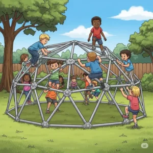 Illustration of a sturdy geodesic metal climbing dome, a popular choice for backyard play.