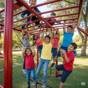 Children enjoying a durable outdoor climbing set with monkey bars for upper body strength and fun.