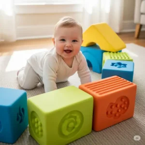 An infant crawling towards large, soft play blocks, ideal for babies and young toddlers to engage in sensory play. 
