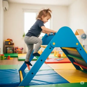Toddler safely navigating a small climbing structure within an indoor home playground.
