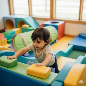 Toddler pulling up on a soft, safe climbing structure within an infant indoor jungle gym, developing motor skills.