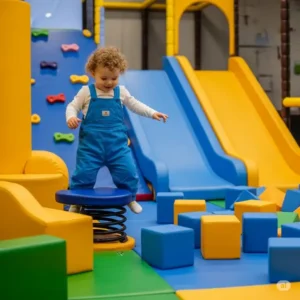 A happy toddler exploring a safe and stimulating soft play area within an indoor kids gym, designed for younger children.