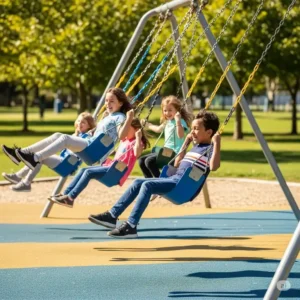 Children laughing while swinging on a sturdy, maintenance-free swing set attached to a vinyl playground.