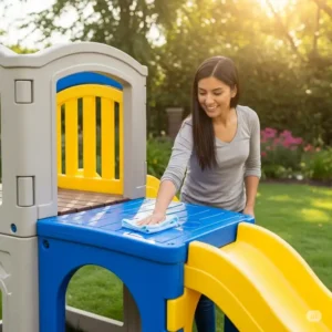Parent easily wiping down a vinyl playset with a cloth, highlighting the minimal maintenance required.