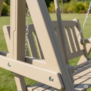  Close-up of the robust, weather-resistant construction of a high-quality vinyl swing set, highlighting its long-lasting durability and safety features.