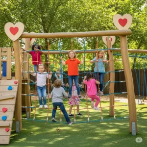 Kids actively climbing ropes and nets on a sturdy wood and hearts jungle gym.