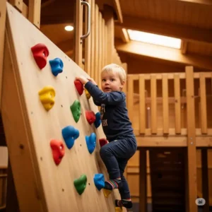 Young child scaling a colorful climbing wall within a safe wooden indoor playground.