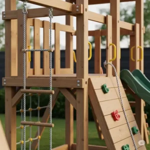 Close-up of a modern wooden jungle gym backyard design, showcasing its durable construction and integrated play features suitable for a backyard.