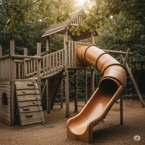 Rustic wooden jungle gym with an enclosed tube slide, blending natural aesthetics with exciting play features.