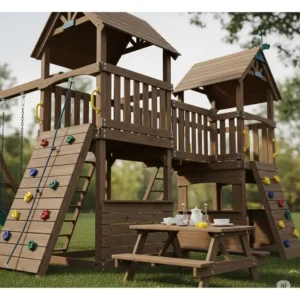 Close-up of various features of a best rated wooden swing set, including a rock wall, picnic table, and covered fort.