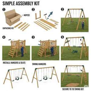 Step-by-step illustrations demonstrating the simple assembly process of a wooden swing set kit.