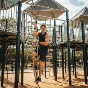 Fit adult demonstrating excellent core strength while ascending a thick rope ladder on an expansive jungle gyms for adults structure.