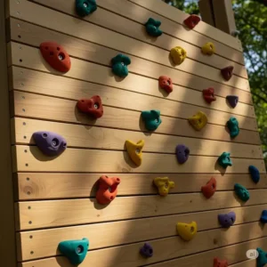 Detail of a cedar playground climbing wall with colorful handholds, encouraging active play.