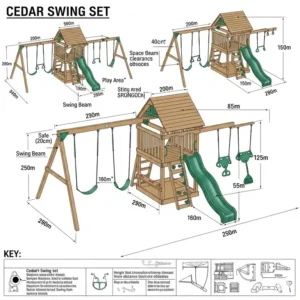 Diagram illustrating the dimensions and layout of a multi-feature cedar swing set, showing space requirements.
