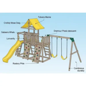 Diagram showcasing a backyard climbing structure complete with an attached slide and swing set for comprehensive play.