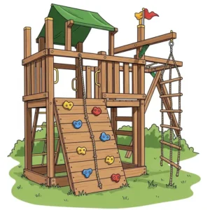 An illustration focusing on the adventurous elements of a compact wooden playset, including a rock-climbing wall and a rope ladder for active play.