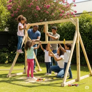 A family working together on a DIY jungle gym backyard project in their backyard, highlighting the construction process.