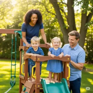 A family enjoying a sunny afternoon on their Eastern Jungle Gyms playset, creating lasting memories in their backyard.