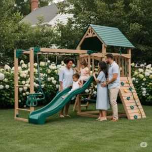 A family enjoying quality time together in their backyard, featuring a beautiful vinyl backyard playset that blends seamlessly with the landscape.