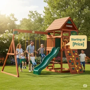 Happy family playing on a durable CedarWorks playset, showcasing the investment in CedarWorks playset prices for lasting fun.