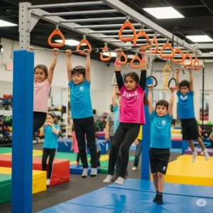 Kids developing upper body strength and coordination while swinging on monkey bars at an indoor kids gym.