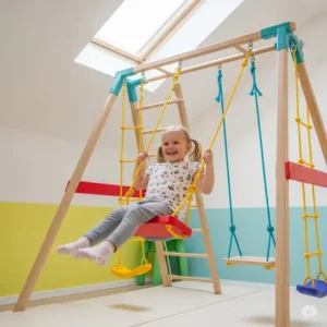 A child enjoying a swing set designed for an indoor home playground, promoting active play.