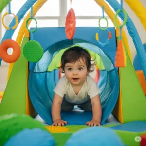 A curious toddler crawling through a fabric tunnel, part of an engaging indoor play gym for toddlers setup.