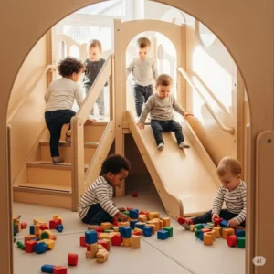 Toddlers exploring a safe and engaging smaller indoor wooden playground designed for young children.
