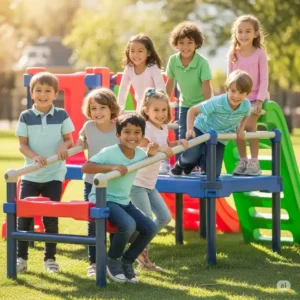Children safely enjoying a low-height jungle gym, showcasing the versatility of workout equipment for all ages and skill levels.