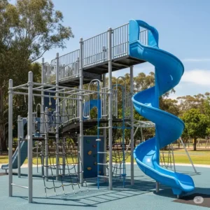 Durable metal jungle gym with a tall, spiral slide, offering adventurous climbing and sliding for older kids.