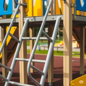 Detail of the robust metal climbing ladder on a children's playground set, encouraging physical activity.