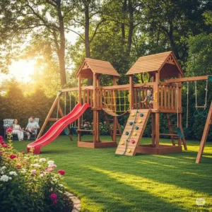 A beautiful modern wooden playset integrated into a family backyard, offering endless outdoor entertainment.
