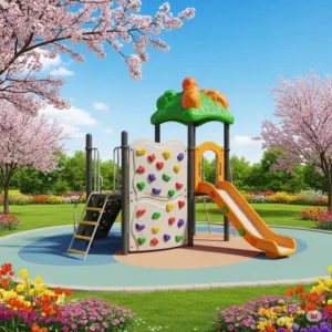 An outdoor climbing set with rock wall for kids that includes a challenging rock climbing wall with colorful holds.