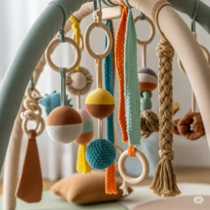 Close-up of an infant indoor jungle gym highlighting various textures and sensory elements for developmental play.