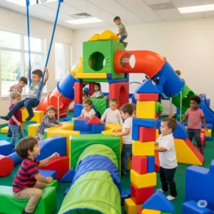 Preschoolers interacting with various components of a large soft play set, fostering imaginative play and social skills. 