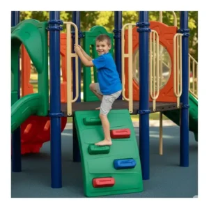 A child climbing safely on a colorful vinyl playground set, highlighting its secure and robust design.
