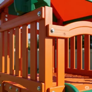 Detail shot of rounded edges and secure hardware on a vinyl playset, emphasizing child safety.